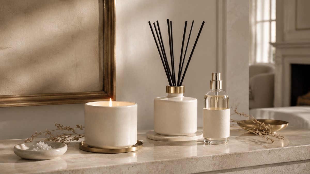 Luxury candle, reed diffuser and room mist styled in an elegant ivory interior