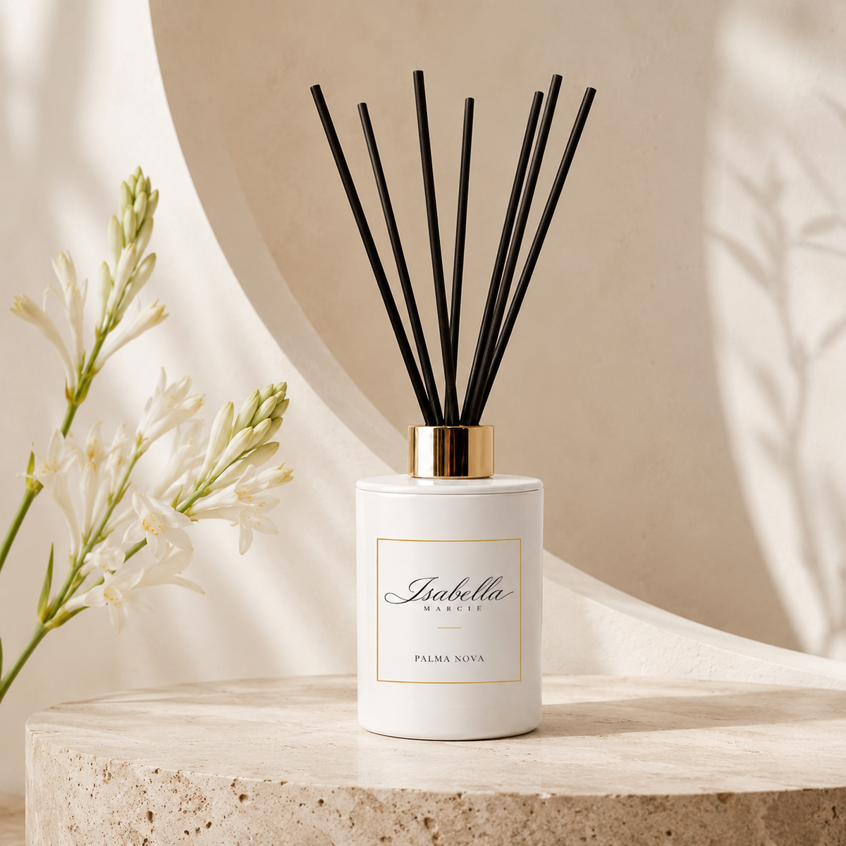 Isabella Marcie Palma Nova 200ml tuberose and angelica reed diffuser with black reeds