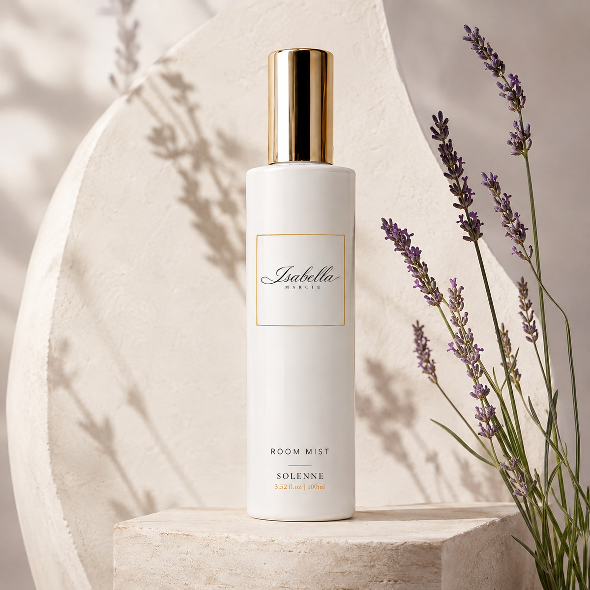 Isabella Marcie Solenne 100ml lavender room mist in an ivory and gold bottle
