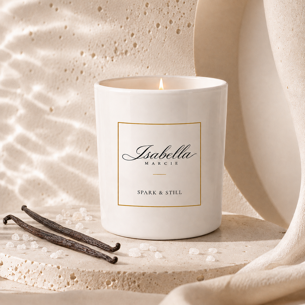 Isabella Marcie Spark & Still vanilla and sea salt scented candle in an ivory and gold vessel